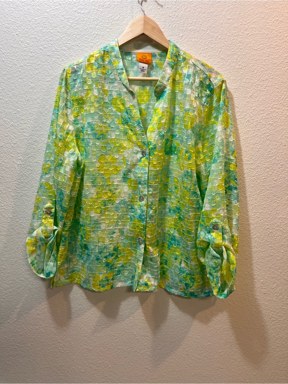 Ruby Rd. Green and Yellow Floral Button-Front Women's Top